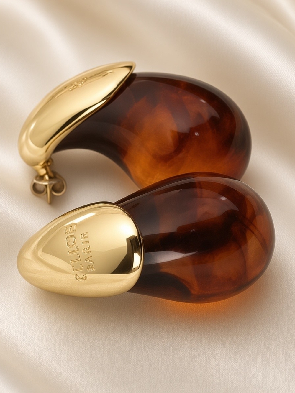 Gold-Tone Earrings with Amber Resin Curved Accents